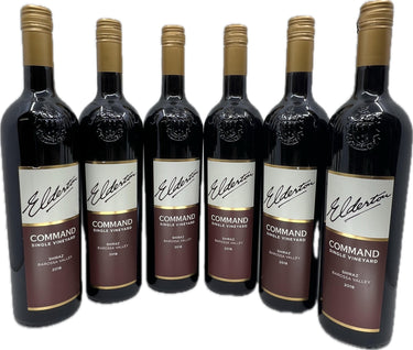 Seven bottles of Elderton Command Single Vineyard wine on a white background