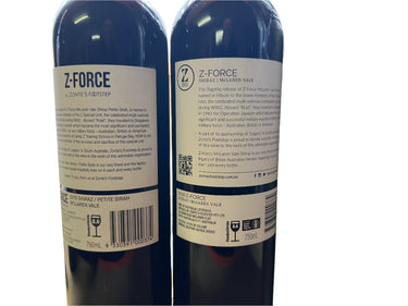 3 bottles of Z-Force wine with labels facing the camera on a reflective surface.