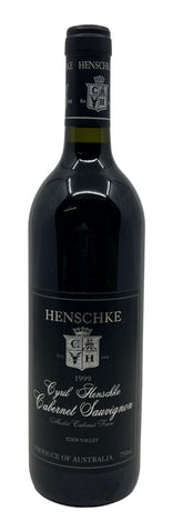 Wine bottle with Henschke label on a white background