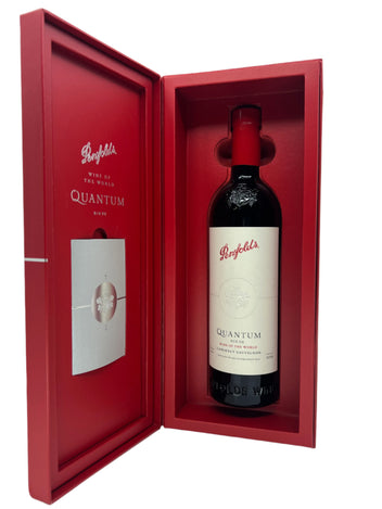 Penfolds Quantum wine bottle in a red box on a white background
