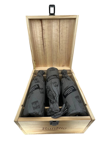 Wooden crate with gray bags inside on a white background