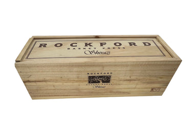 Wooden crate with 'Rockford' branding on a white background