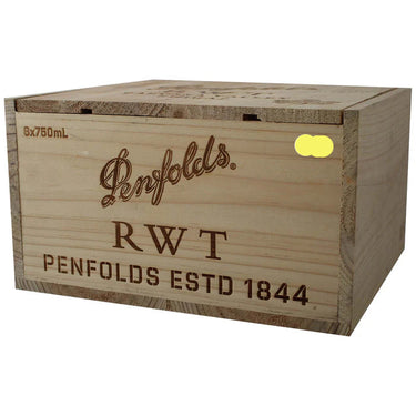 Wooden wine crate with Penfolds branding on a white background